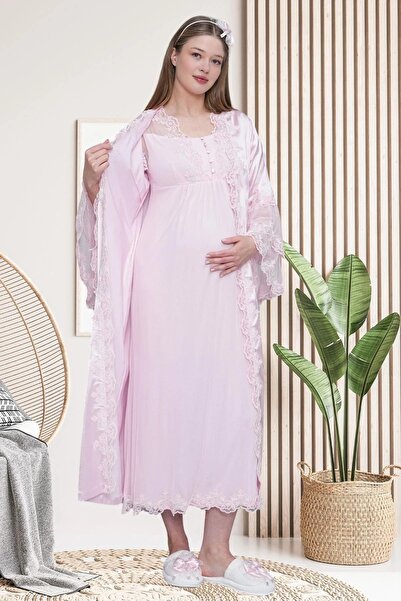Mecit Pijama Γυναικεία Δαντέλα εγκυμοσύνης με λεπτομέρειες σατέν φόρεμα + κοντομάνικο νυχτικό 2 τεμαχίων Σετ 75% βαμβάκι 25% βισκόζη
