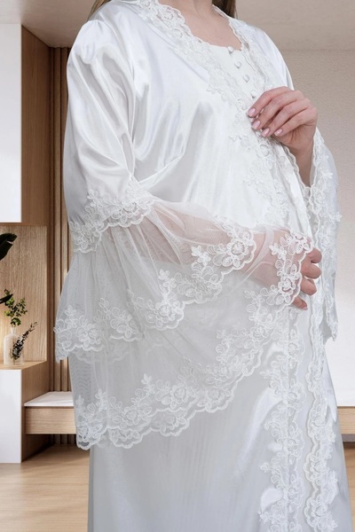 Mecit Pijama Kadın Hamile Lohusa Dantel Detaylı Saten Sabahlıklı+Kısa Kollu Gecelik 2'Li Takım %75Pamuk%25 Viskon