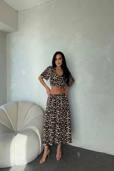 LİLA İSTANBUL V-Neck Viscose Fabric Leopard Print Skirt Suit Summer Dress