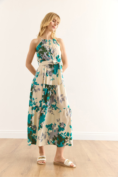 Olalook Dámské Ecru Modré Zelené Halter límec Páskové tkané viskózové šaty ELB-19001548