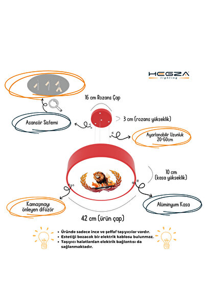 Hegza Lighting Drum 40cm Sarı Kırmızı Aslan Taraftar Ledli Modern Sarkıt Avize ( 3000K Sarı Işık )