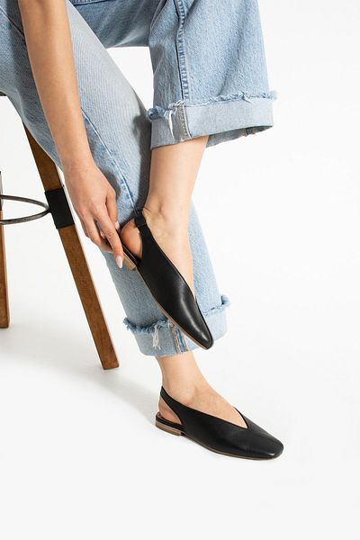 Getcho Tayba Black Women's Genuine Leather Ballerinas Open Heel V Toe Flat Sole Summer Stylish Comfortable Model