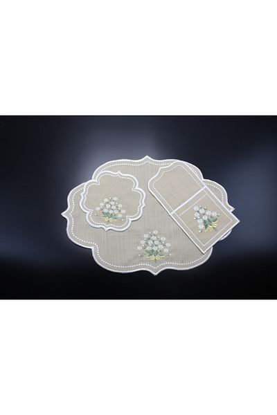 Nakışkonsept Daisy Pattern Embroidered 18 Piece American Service Set for 6 People
