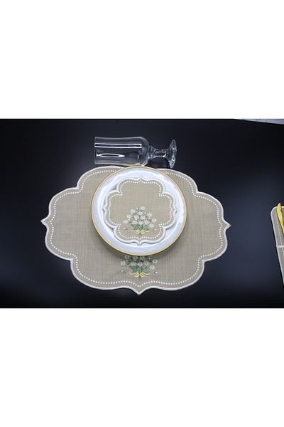 Nakışkonsept Daisy Pattern Embroidered 18 Piece American Service Set for 6 People