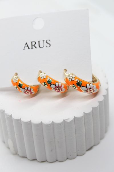 stainles steel Flower Enameled Orange Colored 3-Piece Tarnish-Free Steel Earrings