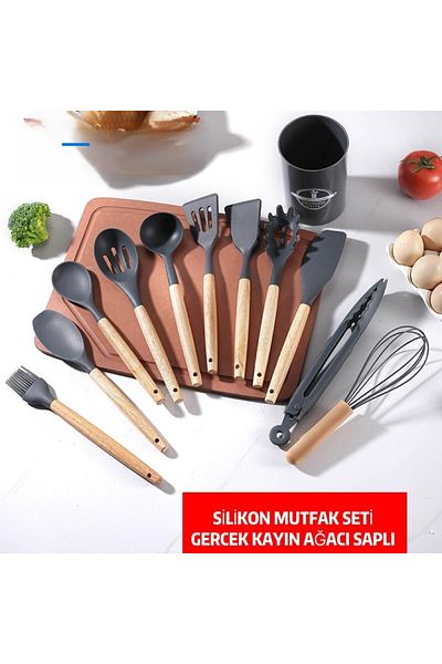 KUNFLEX Heat Resistant Wooden Handle Fireproof Non-Stick Silicone Spatula Set (11 1) 12 Pieces