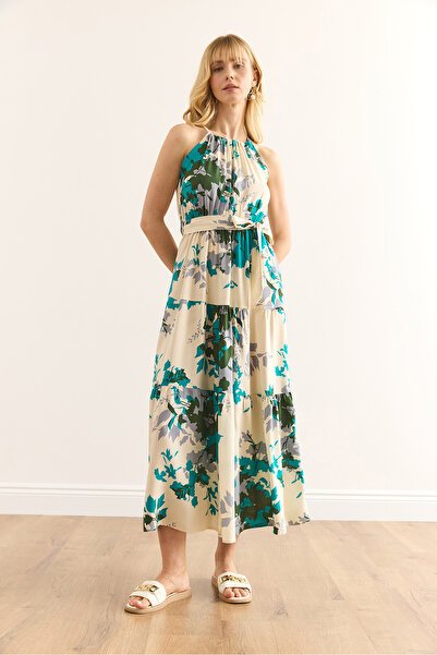 Olalook Dámské Ecru Modré Zelené Halter límec Páskové tkané viskózové šaty ELB-19001548