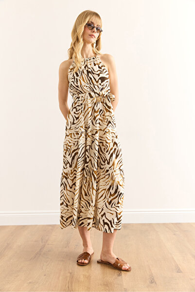 Olalook Дамска рокля от вискоза с колан и деколте в цвят зебра, бежово и кафяво, ELB-19001548