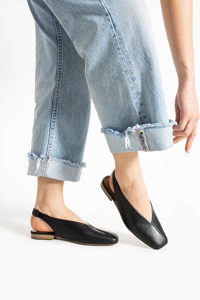 Getcho Tayba Black Women's Genuine Leather Ballerinas Open Heel V Toe Flat Sole Summer Stylish Comfortable Model