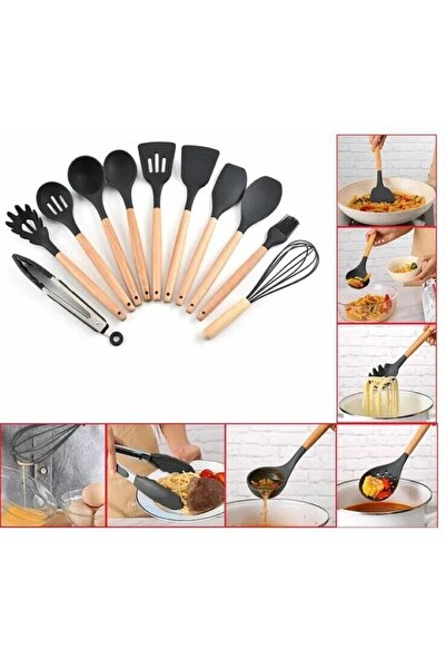 KUNFLEX Heat Resistant Wooden Handle Fireproof Non-Stick Silicone Spatula Set (11 1) 12 Pieces