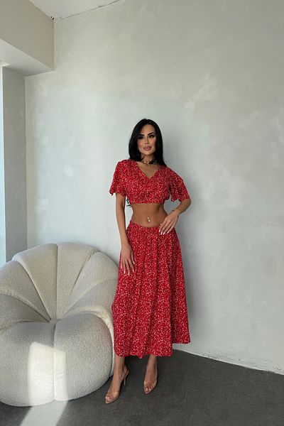 LİLA İSTANBUL V-Neck Viscose Fabric Floral Patterned Skirt Suit Summer Dress