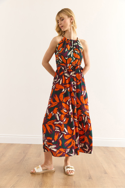 Olalook Women's Purple Orange Halter Neck Belted Woven Viscon Dress Elb-19001548