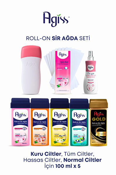 AGISS Roll-On Ağda Isıtıcı Seti + 5’li Roll-On Sir Ağda + Ağda Bezi (10 mt) + Ağda Temizleme Yağı