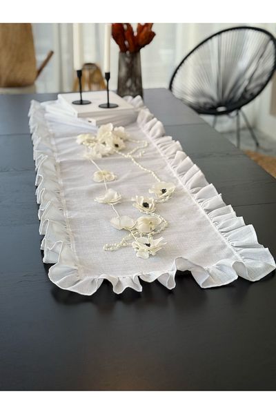 KaiHome Cărucior dreptunghiular cu volane Heryeri din in alb strălucitor 50CMX150CM