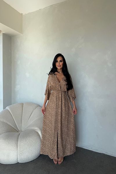 LİLA İSTANBUL Double Breasted Neckline Bat Sleeve Floral Print Viscose Fabric Slit Detail Summer Dress
