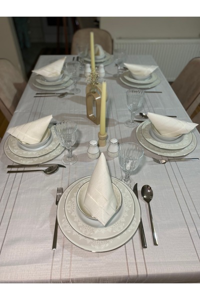 Melek Çeyiz 6 Kişilik 7 Parça Dertsiz Keten Kumaş Yemek Masası Örtüsü