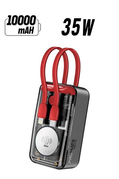 Promate Power Bank 10000mAh with Built-in Cables, Transparent 10000mAh Power Bank