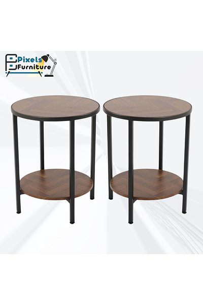 PixelsFurniture Set of 2 Round Side Tables 2 Tiers by Pixel Furniture for Coffee with Wood Top, Bottom Shelf and Metal Ends