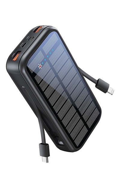 Promate Solar Power Bank EcoLight 20000mAh with USB-C and Lightning Cables - Black