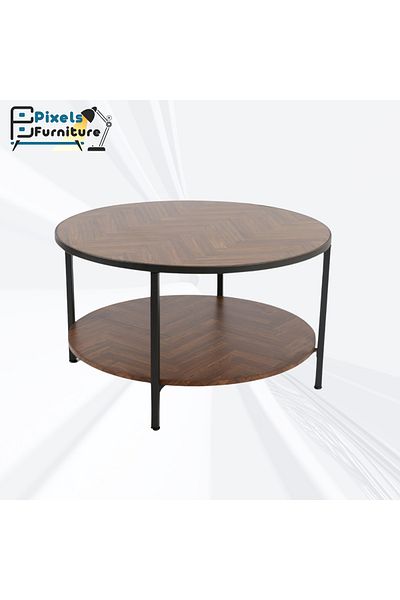 PixelsFurniture Pixel Furniture 2-Tier Round Coffee Table with Wood Top, Lower Shelf and Metal Ends, 80cm