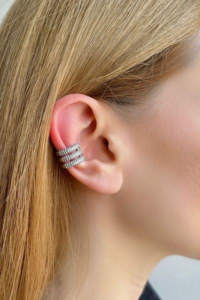 Bijou Luz Silver Zircon Cubic Zirconia Three Row Earcuff Cartilage Earrings