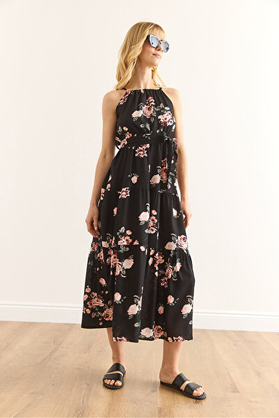 Olalook Women's Black Rose Halter Neck Belted Woven Viscon Dress Elb-19001548