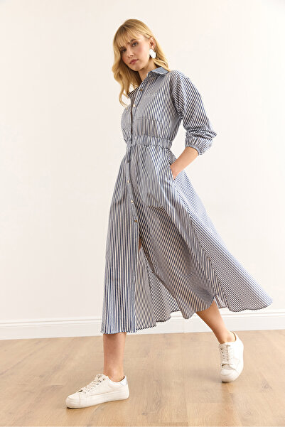 Olalook Kadın Lacivert Beli Lastikli Cepli Maksi Gömlek Elbise ELB-19002398