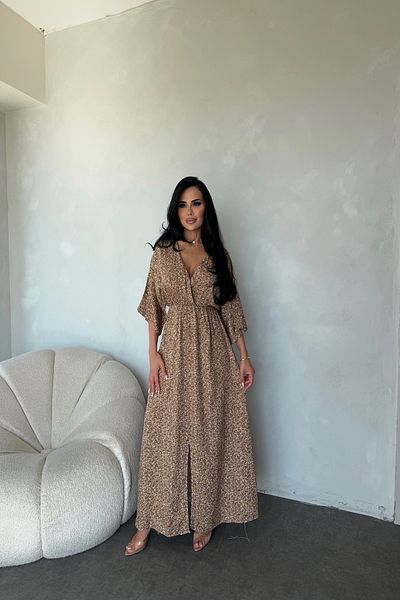 LİLA İSTANBUL Double Breasted Neckline Bat Sleeve Floral Print Viscose Fabric Slit Detail Summer Dress