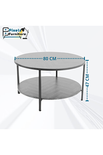 PixelsFurniture Pixel Furniture 2-Tier Round Coffee Table with Wood Top, Lower Shelf and Metal Ends, 80cm