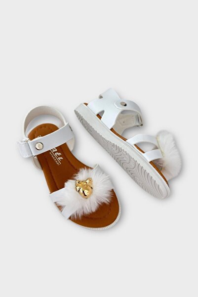 Liger White Plush Bow Sandals for Girl - Velcro
