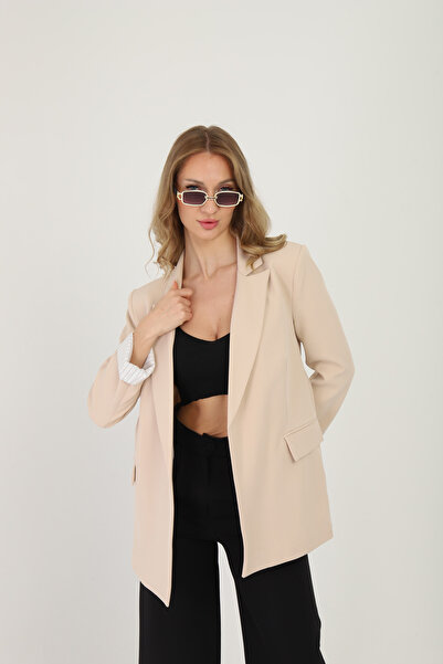 Milamia Kadın Düğmesiz Astarlı Şık Bej Ceket