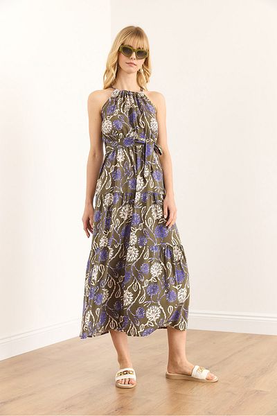 Olalook Γυναικείο Χακί Μωβ Φόρεμα με ζώνη με γιακά Halter ELB-19001548