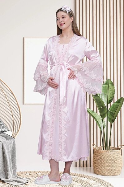 Mecit Pijama Γυναικεία Δαντέλα εγκυμοσύνης με λεπτομέρειες σατέν φόρεμα + κοντομάνικο νυχτικό 2 τεμαχίων Σετ 75% βαμβάκι 25% βισκόζη