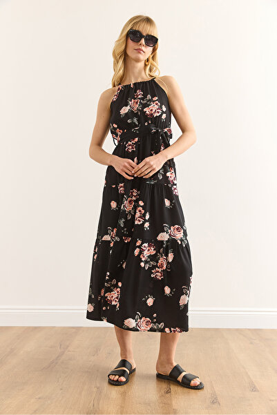 Olalook Women's Black Rose Halter Neck Belted Woven Viscon Dress Elb-19001548