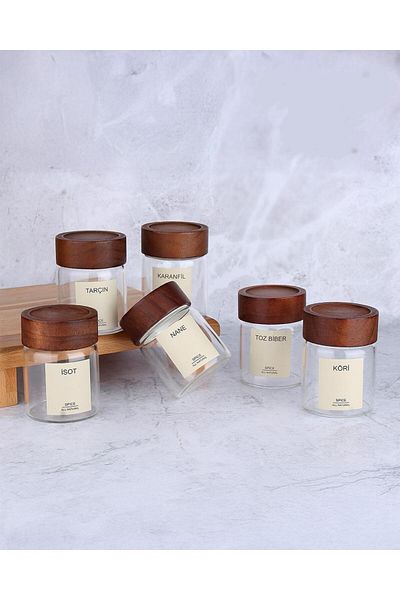 MODA OZY 6-Piece Acacia Lid Glass Spice Jar Seasoning Set with Labels 200ml