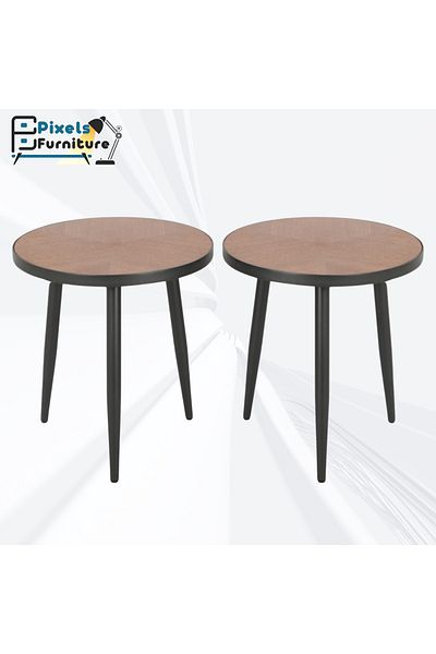 PixelsFurniture Set of 2 Pixel Furniture Round Side Coffee Tables with Wood Top and Metal Ends