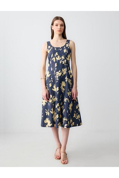 Jimmy Key Navy Blue Square Neck Strap Floral Patterned Woven Midi Dress