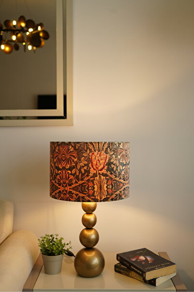 retro home design Eskitme Ayaklı Silindir Kadife Kumaşlı Kahverengi Çiçek Desenli Masa Lambası Abajur