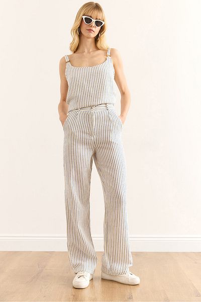 Olalook Pantaloni de damă albastru cu buzunar cu fermoar din muselină cu dungi PNT-19000339