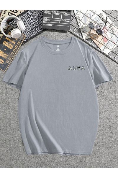 DUBU BUTİK Mount Fuji Printed Painted Gray T-Shirt Oversize Unisex
