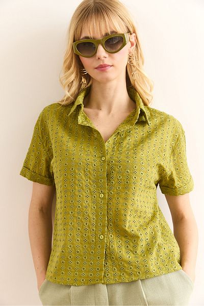 Olalook Γυναικείο πουκάμισο με διπλό μανίκι Oil Green GML-19001340