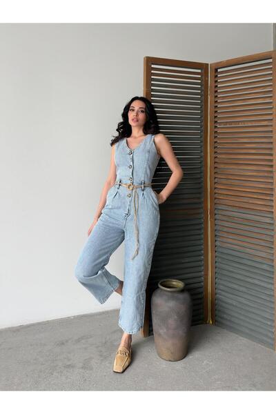 Serica Moda Αμάνικη τζιν φόρμα με κουμπιά Ice Blue