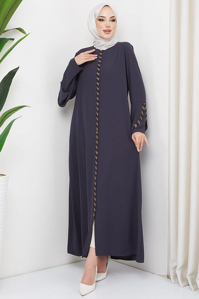 hafsamina Large Size Stone Detailed Smoked Abaya HM2030