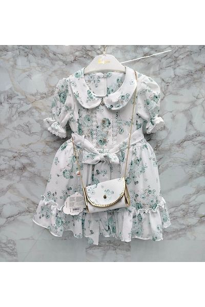 XORVİO Girl's Green Floral Patterned Belted Buttoned Dress Short Sleeve Waist Zipper Doll Collar Chiffon Dress