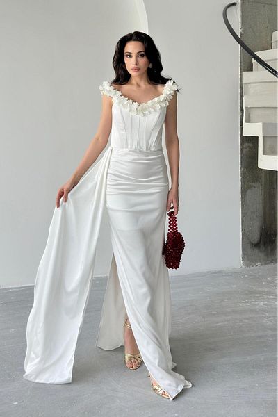Serica Moda Flower Detailed Front Gathered Long Satin Dress