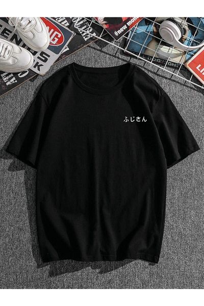 DUBU BUTİK Mount Fuji Printed Black T-Shirt Oversize Unisex