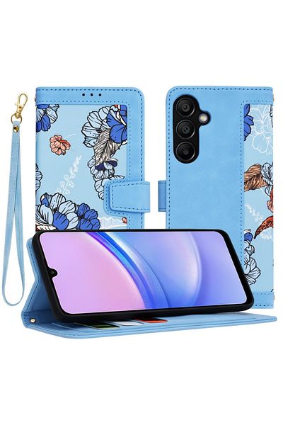 SKYDDAR INNOVATION Husă pentru Samsung Galaxy A15, portofel floral, suport integrat, buzunare pentru carduri, albastră, set de autocolante