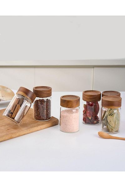 MODA OZY 6-Piece Acacia Lid Glass Spice Jar Seasoning Set with Labels 240ml