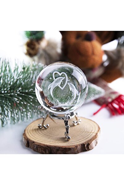 keyfim shop Dekoratif Metal Ayaklı Kalpli Yunus Tasarımlı 3D Cam Küre 6cm