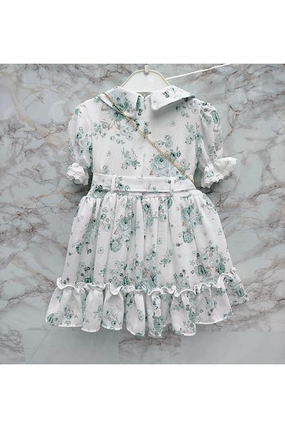 XORVİO Girl's Green Floral Patterned Belted Buttoned Dress Short Sleeve Waist Zipper Doll Collar Chiffon Dress